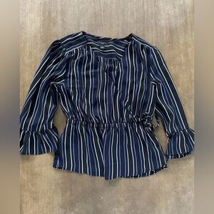 Ann Taylor Black and Blue Striped Blouse Ruffle Sleeves